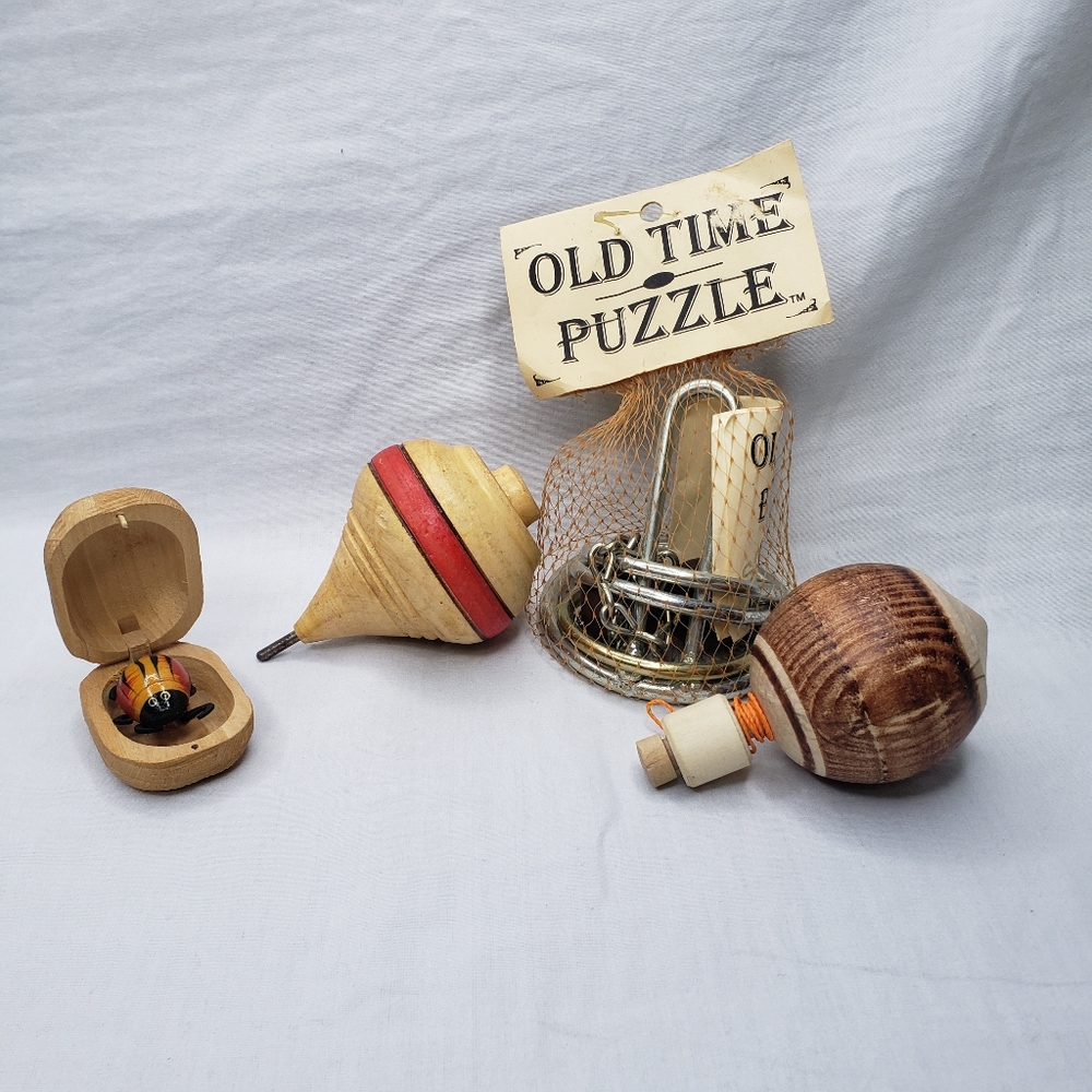 Old Time Toys Wooden Spinning Tops Puzzle And Bug In A Box Bundle